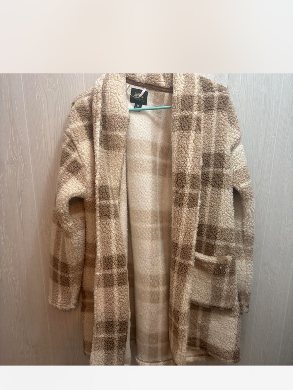 Plaid Sherpa Open-Front Jacket - Cream & Brown